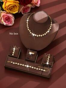时尚简约珠宝套装 - 项链、耳环、手链、镶有钻石/珍珠的弹力戒指、结婚珠宝、母亲节礼物（多种选择） - 銀色 - 查看 6