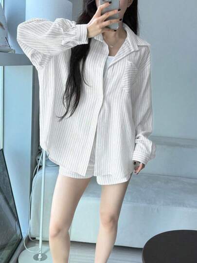 Contrast Color Striped Lapel Long Sleeve Loose Button-Front Casual Shirt For Women, Spring/Summer/Autumn