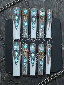 CrystalHola Valentine's Day 10 Pcs Handmade Press-On Nails, Square Long Nails, Y2K Color, Black And Pink Nail Base With Black Pom-Pom, 3D Flowers, Exquisite Accessories, Full Coverage, Removable And Reusable, , Unique Summer Nail Art, A Must-Have Fashion Accessory For Parties And Weddings. Nail Supplies - Multicolor - View 11