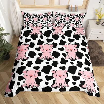 2pcs Cartoon Pink Pig Duvet Cover Set Cute Pig Bedding Set Black White Cow Comforter Cover For Men Women Farm Animal Room Decor Bedding With 1 Pillowcase, All Seasons, Christmas Gifts Decoration