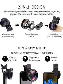1pc 2 In 1 0.45X Macro Phone Wide Angle Lens Compatible With Iphone Android Phone For Summer Vacation, Travel, Creative Photography Phone Accessories, Phone Lens - Black - View 3