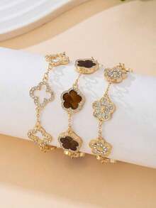 3pcs Luxurious High-End Clover Rhinestone Decor Bracelet Set, Brown & Gold, Elegant & Sweet Women Bracelet Set, Stackable/Versatile - Multicolor - View 6