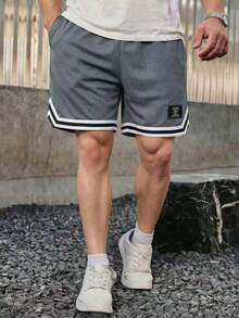 1件青少年男孩運動透氣拼接色戶外健身網球健身房籃球網布印花短褲 春夏秋返校季 - 灰色 - 查看 6