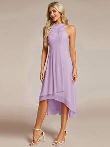 EVERPRETTY Đầm phù dâu bằng chiffon màu tím oải hương, hở lưng, xếp ly bồng bềnh, vạt trước ngắn vạt sau lệch, thích hợp cho đám cưới, tiệc tùng và các dịp trang trọng mùa xuân. - Màu tím hoa cà - Xem 5