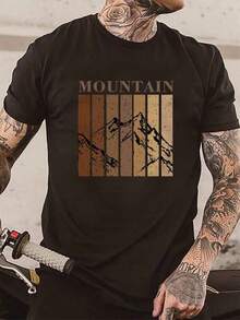 Mens Tshirts Shirts Manfinity Homme Men Mountain & Letter Graphic Tee Men's Pure Cotton T-Shirt Effortless Styling, Showcase Your Unique Style Men's Fashion Print Casual T-Shirt Casual Summer T-Shirt, Comfortable Outdoor Casual Wear - 黑色 - 查看 1