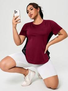 Camiseta de manga corta de mujer talla grande, casual y deportiva, con parches de malla, para verano - Burdeos - Ver 4