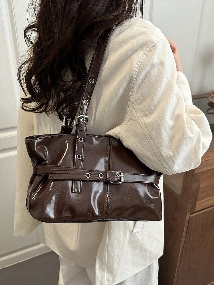 1pc Vintage Large Capacity Tote Bag, Commuter Oversized Underarm Bag, Fashionable Motorcycle Handbag For Women, PU Solid Color Oiled Wax Leather, Strap Decor, Zipper Closure, Ladies Shoulder Bag For Work, School, Travel, Shopping, Business, Suitable For Daily Use - Coffee - View 7