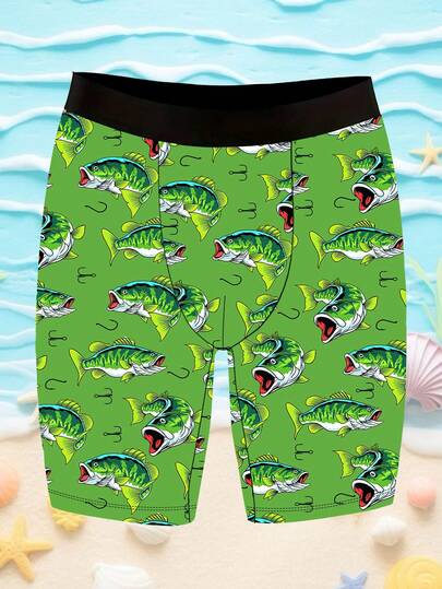 This Men's Fun Shorts Are Made Of Knitted Fabric, Printed With Black Bass Fish And Fishing Hook Patterns, Soft And Skin-Friendly, Breathable And Moisture-Wicking. It Is The Perfect Gift For Your Boyfriend On Holidays. Sporty Casual Boxer Briefs With A Long Leg Design.