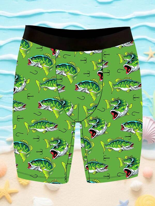 This Men's Fun Shorts Are Made Of Knitted Fabric, Printed With Black Bass Fish And Fishing Hook Patterns, Soft And Skin-Friendly, Breathable And Moisture-Wicking. It Is The Perfect Gift For Your Boyfriend On Holidays. Sporty Casual Boxer Briefs With A Long Leg Design.