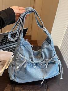 休闲简约轻便女士斜挎包，独特褶皱设计搭配蝴蝶结装饰，大容量，方便通勤，适合上学、上班，也可作为女士单肩包使用。 - 藍色 - 查看 7