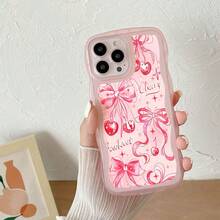 1pc Fashionable Transparent Wavy Irregular Protective Phone Case, Cherry Blossom Bow Design, Ideal Daily Choice For Women, Compatible With IPhone 17 Air/17 Pro/17 Pro Max/17/16e/16/15/14/13/12/11/X/XR/8/7 And Galaxy A14/A15/A54/S24/S24 Ultra Series - Pink - View 3