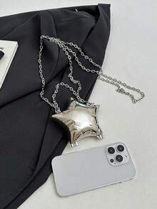 1个迷你金属小包，电镀银色零钱包，闪亮前卫金属星形手提包，配链条肩带，独特造型手拿包，珠宝袋，优雅零钱包，耳机盒，婚礼 - 銀色 - 查看 7