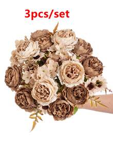 Bó hoa mẫu đơn và cẩm tú cầu bằng lụa lãng mạn (1/3 bông), hoa giả cầm tay bằng nhựa, thích hợp trang trí đám cưới/nhà cửa/phòng ngủ/phòng khách/bàn ăn/bó hoa cưới/Ngày của Mẹ. - màu nâu - Xem 7