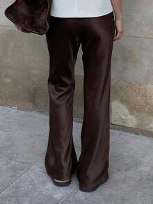 Women Satin Silk Wide Leg Pants Casual Elastic High Waist Solid Color Loose Fit Lounge Pants Office Ladies Work Trousers Daily Sleep Pants Y2K Streetwear - 棕色 - 查看 4