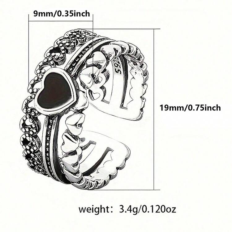 1pc S925 Silver Black Heart Shaped Retro Punk Hip-Hop Hollow-Out Women Ring, Adjustable - Silver - View 4