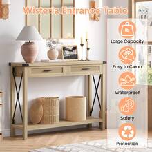 Mesa de entrada de granja con 2 cajones, mesa consola Rataan para entrada, mesa de sofá de madera para sala de estar, vestíbulo, pasillo - Camel - Ver 4