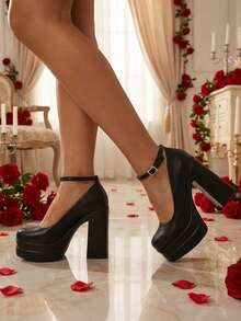 Mary Jane High Heeled Sandals Platform Chunky Heels For Women Closed Square Toe Buckled Ankle Strap ​Sandals Fashion Dress Party Pumps Valentine's Day Outfits - 黑色PU - 查看 2