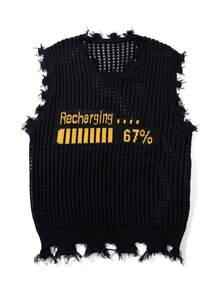 Graphic Letter Street Style Unisex Sweater Vest, Collegiate Minimalist Fashion Casual Pullover Short Sleeve Knit Top, Spring/Autumn - Black - View 2