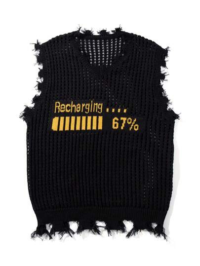 Graphic Letter Street Style Unisex Sweater Vest, Collegiate Minimalist Fashion Casual Pullover Short Sleeve Knit Top, Spring/Autumn