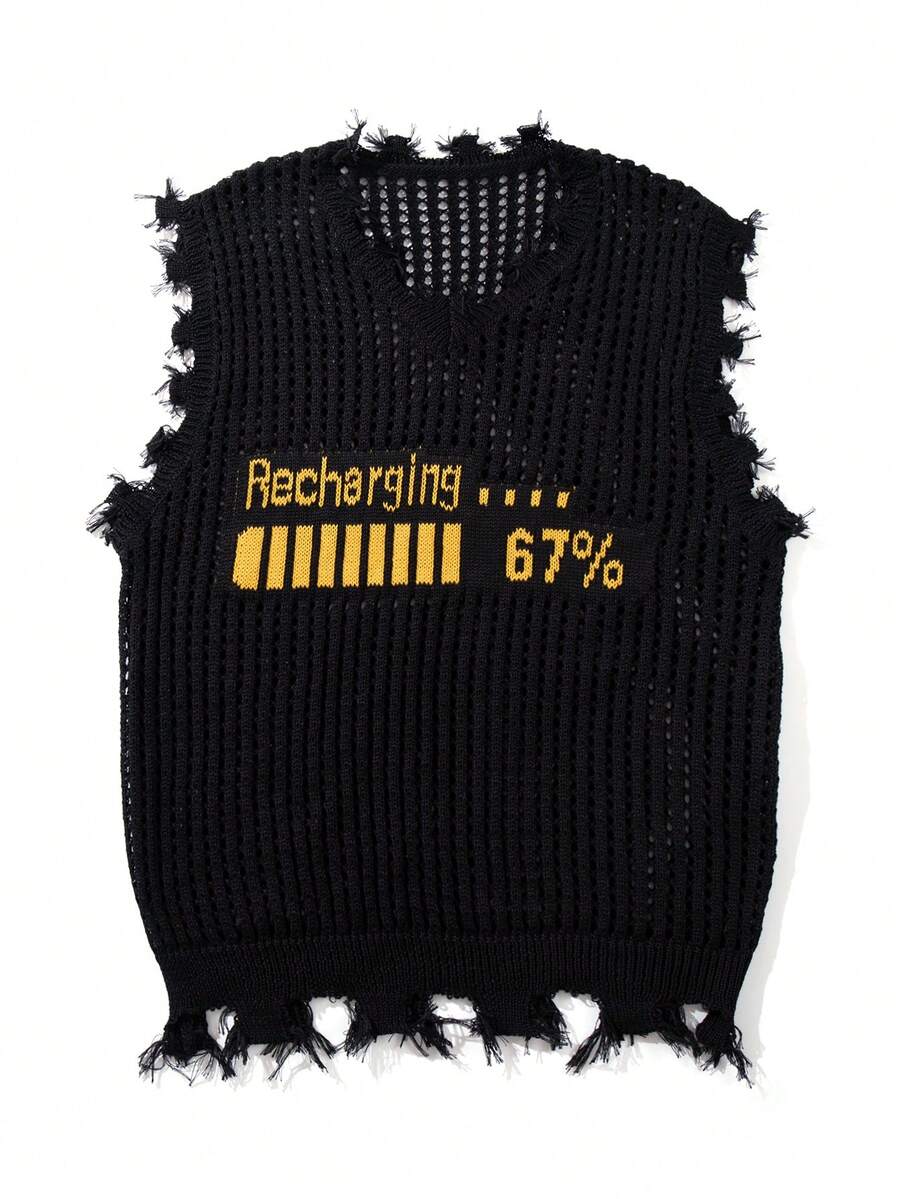 Graphic Letter Street Style Unisex Sweater Vest, Collegiate Minimalist Fashion Casual Pullover Short Sleeve Knit Top, Spring/Autumn - Black - View 1