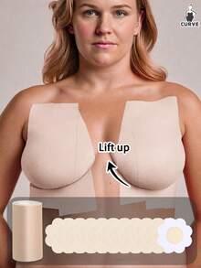 大码女士隐形提拉胸贴，水滴形粘性乳贴，无缝布料胸贴，无肩带设计。可裁剪提拉胶带，适合B-E罩杯，透气胸垫，完美搭配连衣裙和无肩带服装。 - 彩色 - 查看 2