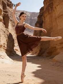 DonsGirl 1pc Women's Elegant Flowing Chiffon Tutu Skirt, Mid-Length Elastic Waist Ballet Princess Party Cosplay Performance Dance Costume - Coffee Brown - View 9