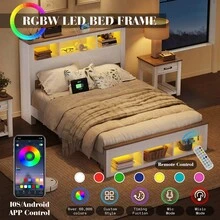 Wood Platform Bed Frame With Bookcase Storage Headboard And Footboard, Farmhouse Bed With LED Light ,Full/Queen/King Size - Xem 7