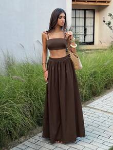 Unadoll 女士夏季性感背心和弹力百褶裙套装，适合约会、度假、情人节和旅行穿着 - 棕色 - 查看 5