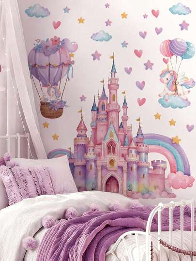 1 pieza/2 piezas - Papel tapiz - [Castillo rosa] Papel decorativo de pared para dormitorio de niños/niñas, guardería, sala de estar, pegatina de pared extraíble, decoración creativa y linda para habitación infantil
