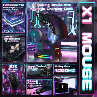  ATTACK SHARK X1 超轻无线游戏鼠标，带 RGB 磁吸充电底座，蓝牙/2.4G 无线/有线游戏鼠标，PAW3395PRO 游戏传感器，40000 DPI，53g，办公鼠标，适用于 PC/Win/游戏玩家，圣诞礼物，圣诞特别版，年末特惠 - 白色/黑色/红色及胶带
