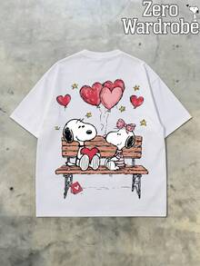 SNOOPY Valentine's Day Element Pattern Print, White Men's Short Sleeved Round Neck T-Shirt. Comfortable And Breathable, Suitable For Daily Wear. A Casual And Fashionable Short Sleeved Top, A Simple And Stylish Men's White T-Shirt. - trắng - Xem 4