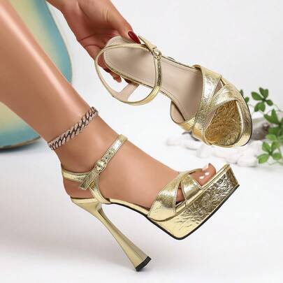 1 par de sandalias de tacón grueso con suela lujosa y gruesa, con tiras cruzadas y punta abierta, de moda y de tacón alto para mujer, para el verano