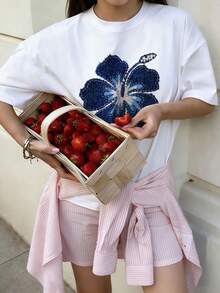 Áo thun ngắn tay in hoa cho bé gái tuổi teen, trang phục thường ngày cho học sinh và các bạn trẻ, áo mùa hè cho bé gái sẵn sàng vui chơi. - trắng - Xem 4