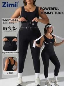 Zimi Collection 1XL-4XL Plus Size Seamless Shapewear Jumpsuit | Black Adjustable Front Buckle Tummy Control Waist Trainer Workout Bodysuit For Gym Daily Wear Under Dresses - Black - View 4