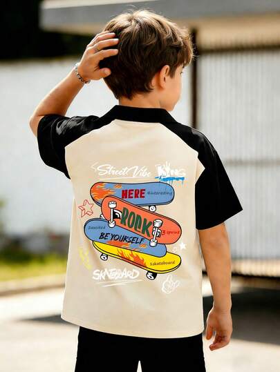 Boys' Street Skateboard Letter Print Polo Collar T-Shirt, Summer New Arrival