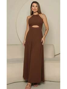 Serena Luxury Women's Long Dress With Padded Cups, Front Cutout, Crossover Back And Side Slit. Casual, Elegant, Party, Asymmetrical, Everyday, Vacation. - 鏽棕色 - 查看 2