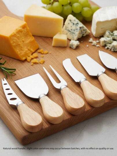 1pc/4pcs/6pcs High Quality Cheese Knife And Fork Set, Cheese Tools Gift Box With Acacia Wood Handle, Stainless Steel Cheese Slicer, Butter Knife, Cheese Knife, Western Fork, Cheese Spatula, Baking Tools, Kitchen & Dining Supplies