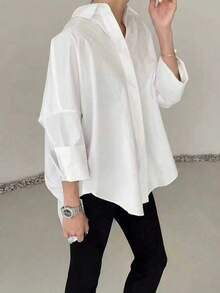 Women's White Polyester Long Sleeve Collared Button-Up Shirt, Regular Hem Relaxed Fit, Suitable For Everyday Wear - White - View 3