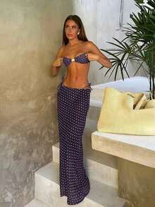 Polovedo官方新款春夏性感优雅休闲棕紫色波点印花三件套泳衣，适合海滩、约会、度假、派对等场合。随机印花，非定位印花。 - 彩色 - 查看 1