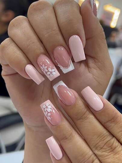 24pcs French Tip Pink Acrylic Press On Nails Medium Square Press On Nails 3D Water Ripples With Glitter Decoration White Flower Design Minimalist Y2K Fresh Style Surface Glossy Full Cover Fake Nails For Women And Girls Daily Wear