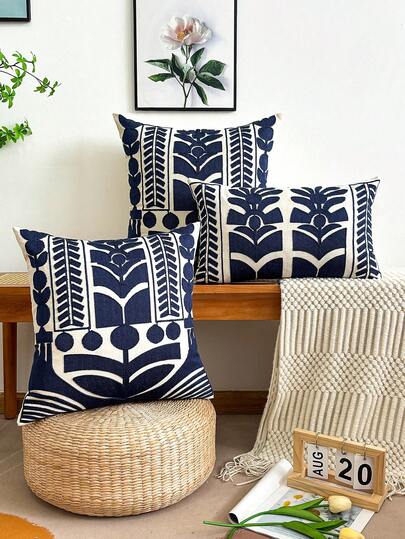 1 pieza Funda de cojín de lona con flores estilo bohemio con bordado exquisito, decoración del hogar de varios tamaños para uso compartido, sin relleno de almohada