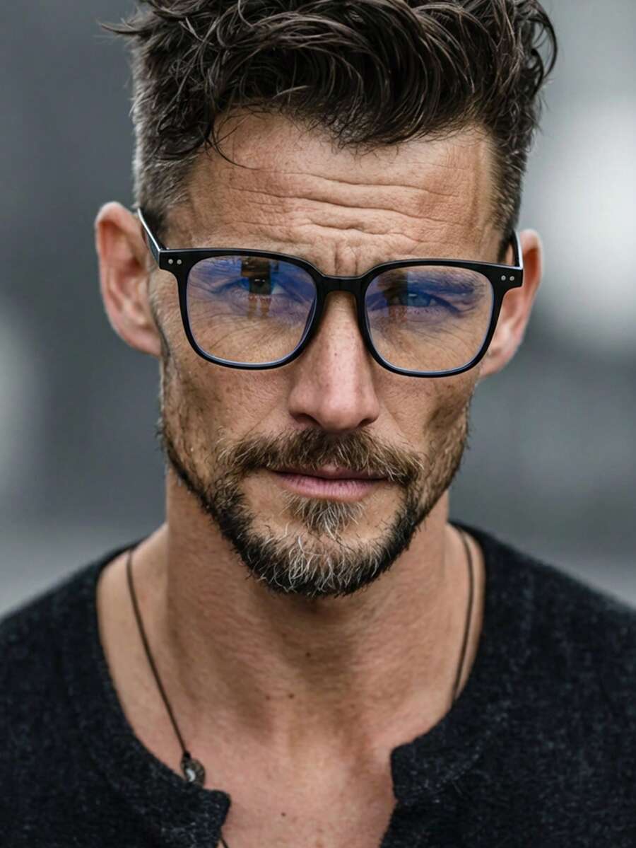 1副男士黑色方形PC框简约纯色个性化休闲时尚街头风眼镜 - 黑色 - 查看 1