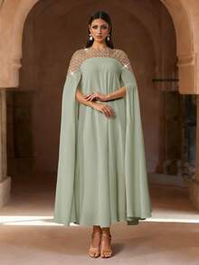 Eleganter weißer Langarm Kaftan Bademantel, verziert mit exquisiter Perlenbestickung, luxuriöser langer Abaya, würdevoll und angemessen, arabischer Stil Bademantel für Frauen im Frühling - Minzgrün - Übersicht 1