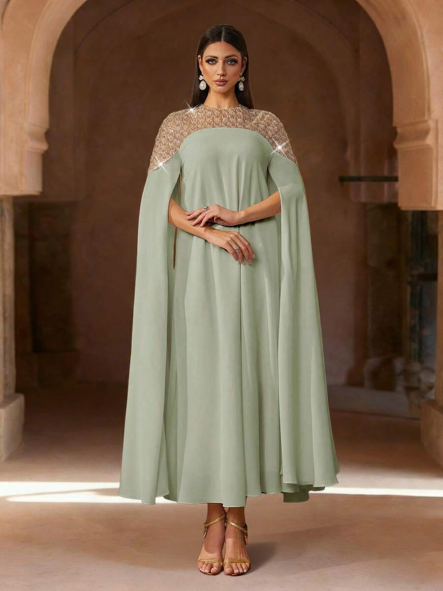 Eleganter weißer Langarm Kaftan Bademantel, verziert mit exquisiter Perlenbestickung, luxuriöser langer Abaya, würdevoll und angemessen, arabischer Stil Bademantel für Frauen im Frühling - Minzgrün - Übersicht 1