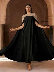 عباءة كفتان أنيقة بياضاء طويلة الأكمام، مزينة بخرز فاخر، عباءة طويلة فاخرة، كريمة ومناسبة، فستان نسائي بطراز عربي - الأسود - مشاهدة 5