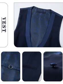 3 Piece Men's Suits, Rhinestone Embellished Shawl Collar Tuxedo, Slim Fit Formal Blazer With Vest And Pants, For Wedding Party Prom Groomsmen - 藏蓝色 - 查看 7