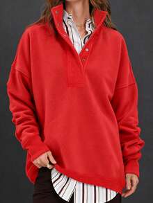 Women's Oversized Sweatshirts Casual Loose Button Up Fleece Henley Pullover Top Winter Clothes 2026 Spring Fashion Outfits - Red - View 2