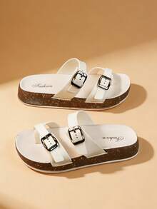 A Pair Of 2026 New Women's Casual Buckle Slippers, Thick Soled Toe Clip On Sandals, Comfortable Beach Women's Shoes - White - View 3