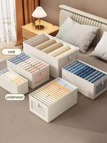 1 pieza Caja de almacenamiento de ropa con tapa, caja de almacenamiento de tela plegable con ventana visible para el armario, caja de almacenamiento y organización de tipo cajón para jeans para el hogar - Beis - Ver 8