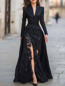 Women's Black Detachable Two-Piece Set - Fitted V-Neck Blazer With Button Detail & High-Slit Lace Maxi Skirt, Modern Elegant Evening & Dinner Date Outfit - màu đen - Xem 1